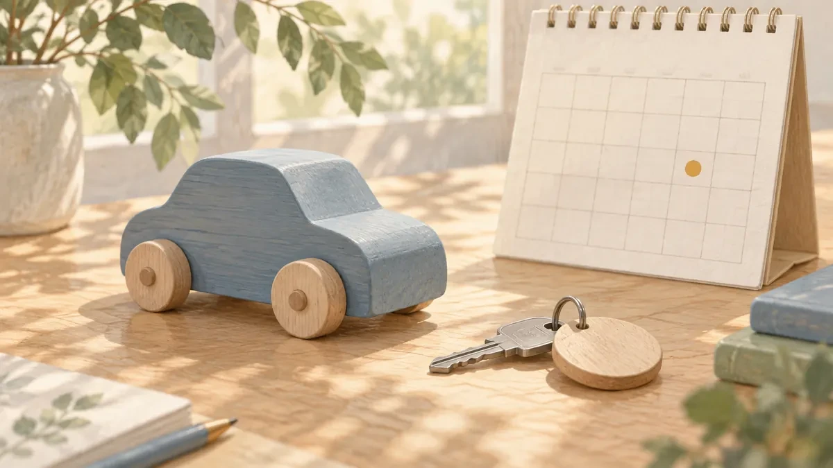 納車日を考える木製の車とカレンダー