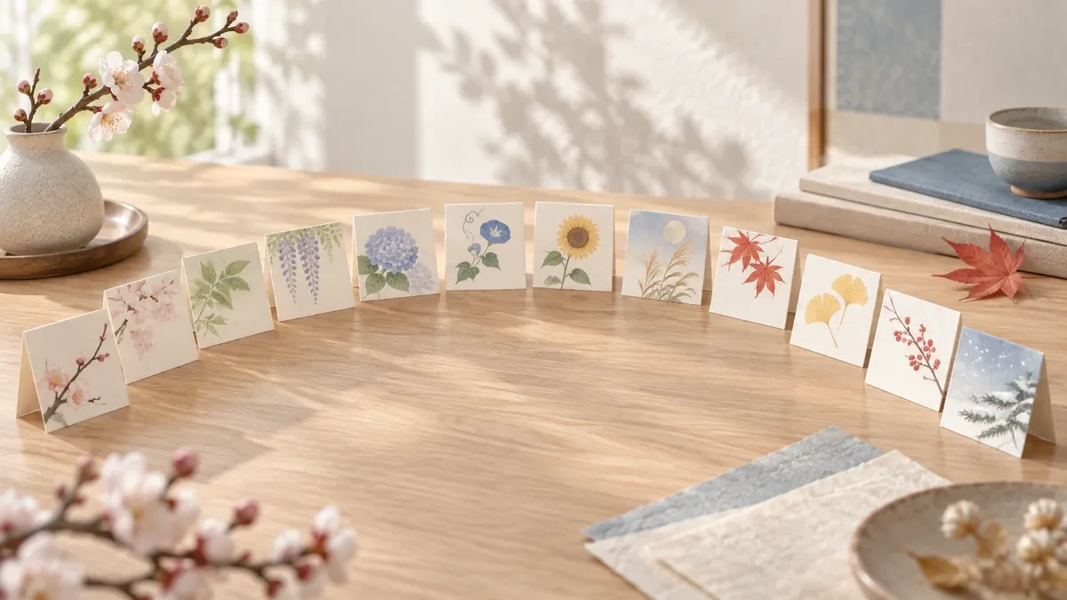 季節の草花を描いた十二の月名カード